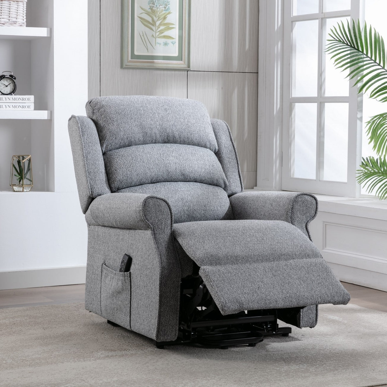 Andover Grey Fabric in the half recline position 