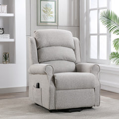A grey fabric electric riser recliner chair with a steel frame and dual motor mechanism, positioned in a room with a light interior.